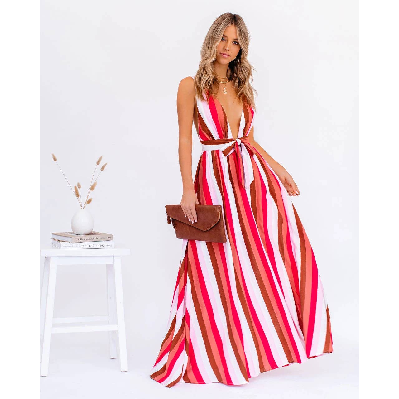SEXY HALTER DEEP V STRIPED CASUAL DRESS