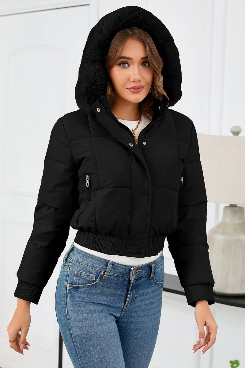 CWOCO0948_SHORT THICK FUR COLLAR HOODED PLUSH COTTON COAT