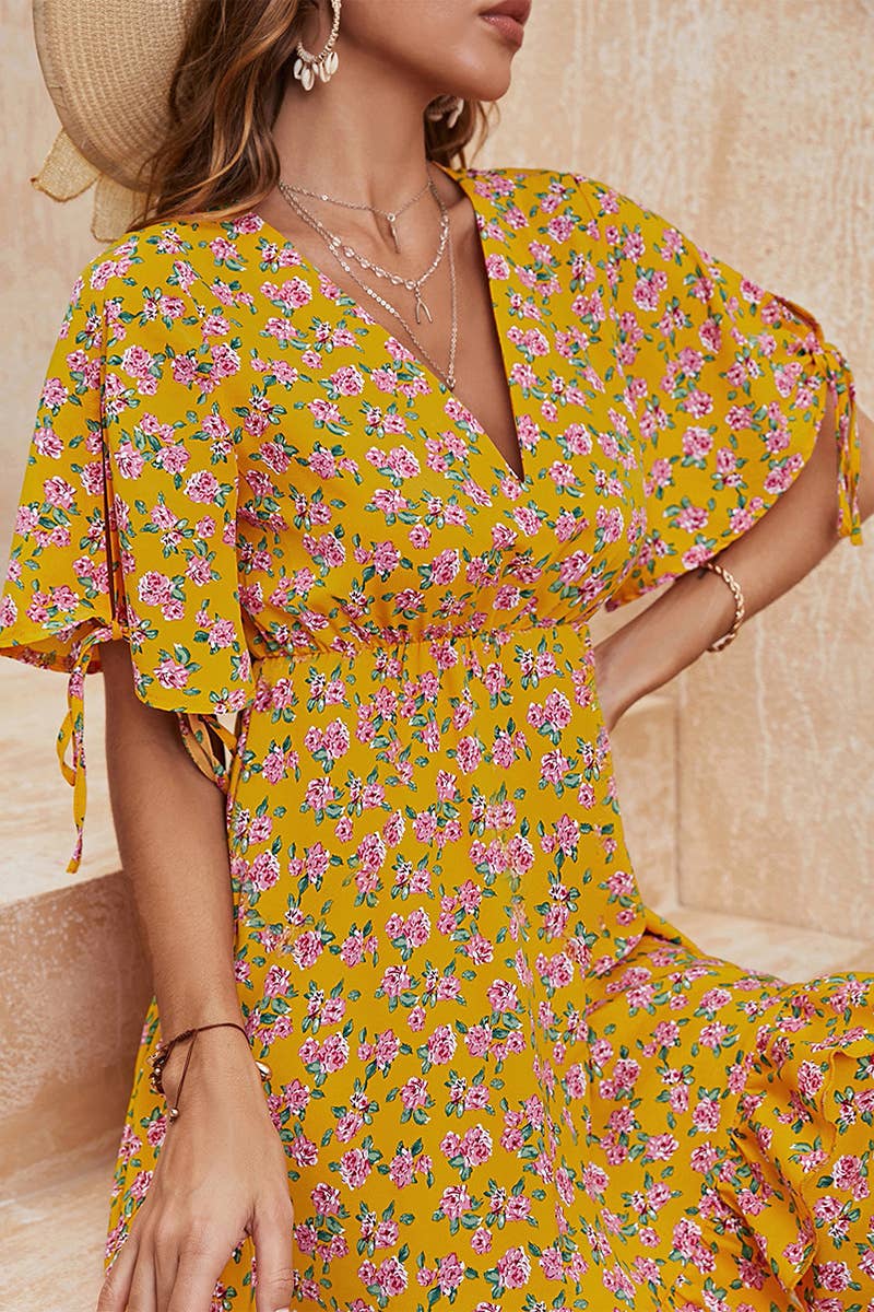 V-NECK WAIST FLORAL PRINT SHORT DRESS