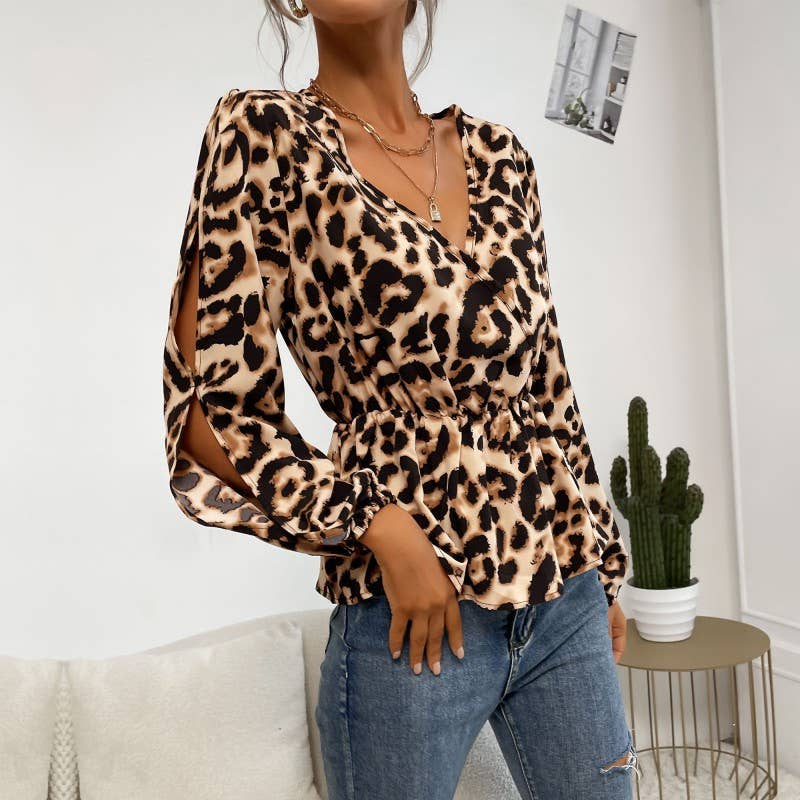 V-NECK CUTOUT LEOPARD PRINT SHIRT