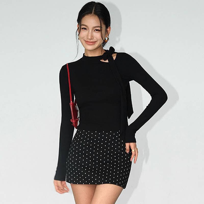 SEXY LONG-SLEEVED T-SHIRT WITH SOLID BOW TIE