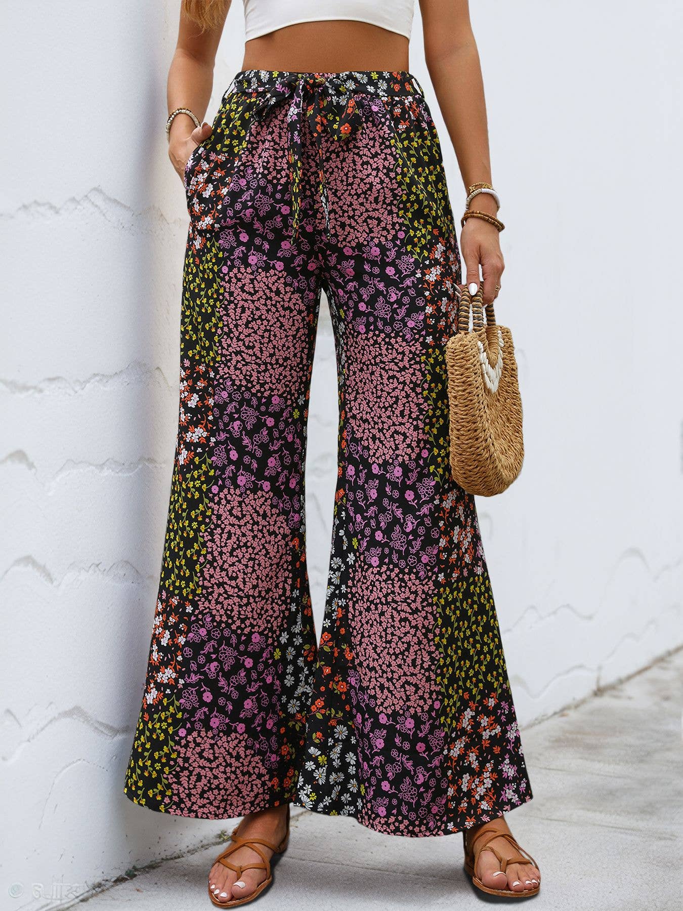 Casual lace-up printed high-waisted trousers