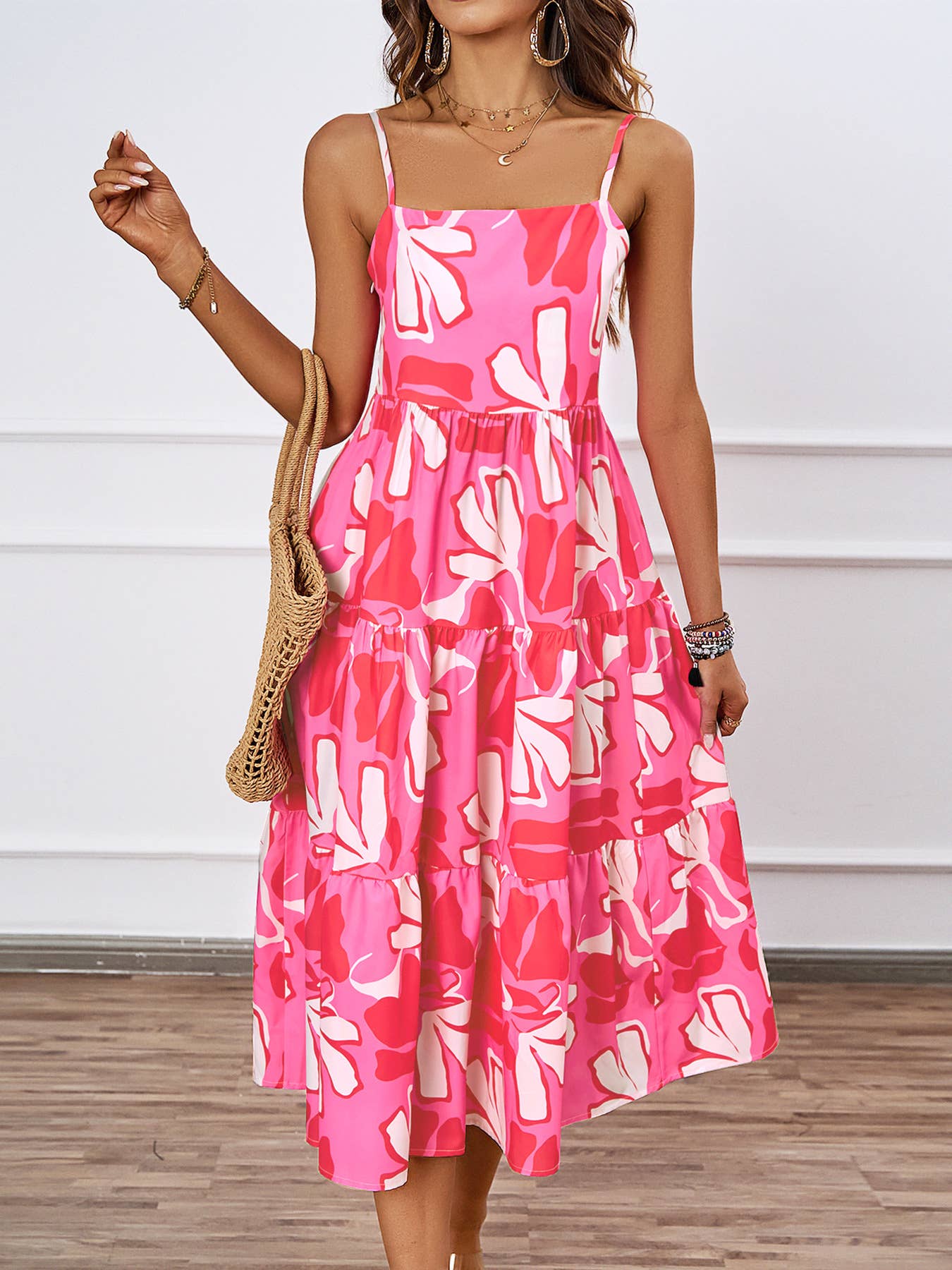 ELEGANT CAMISOLE FLORAL PRINT MID-LENGTH DRESS