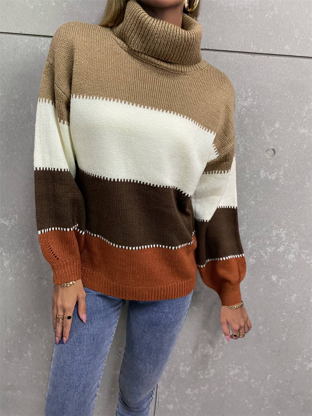 Turtleneck patchwork fashion knit long-sleeved sweater
