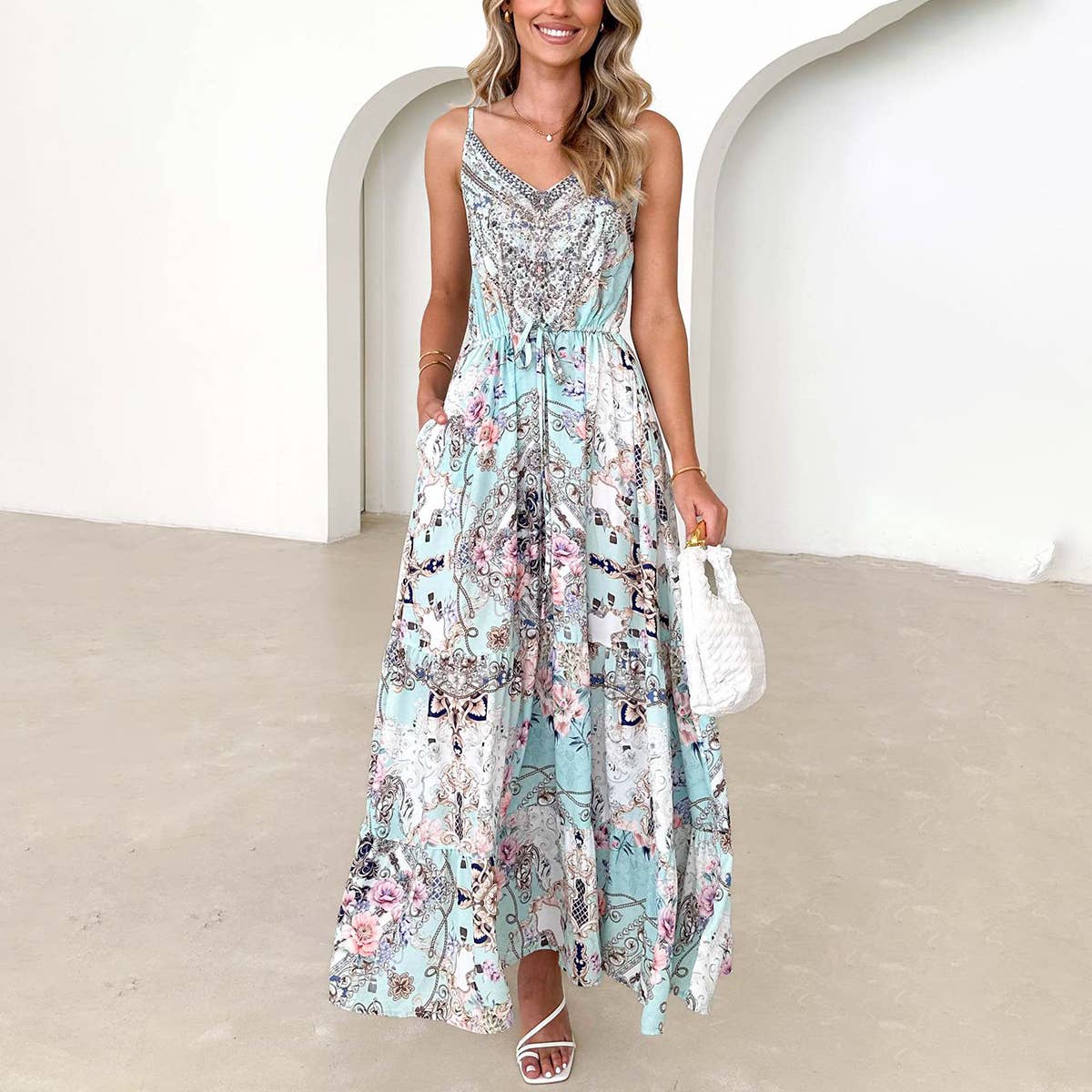 V-NECK ETHNIC PRINT HALTER LONG DRESS