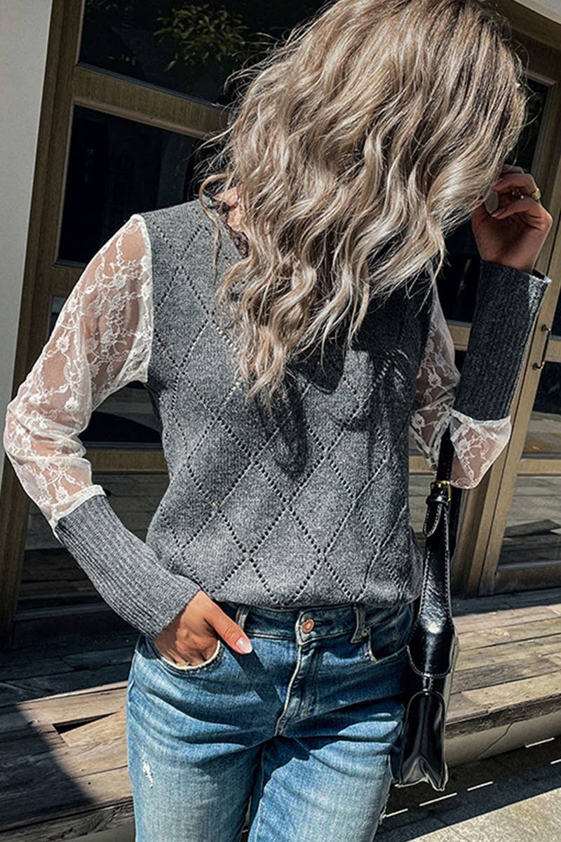 LONG SLEEVE LACE PATCHWORK FASHION BASE KNITWEAR