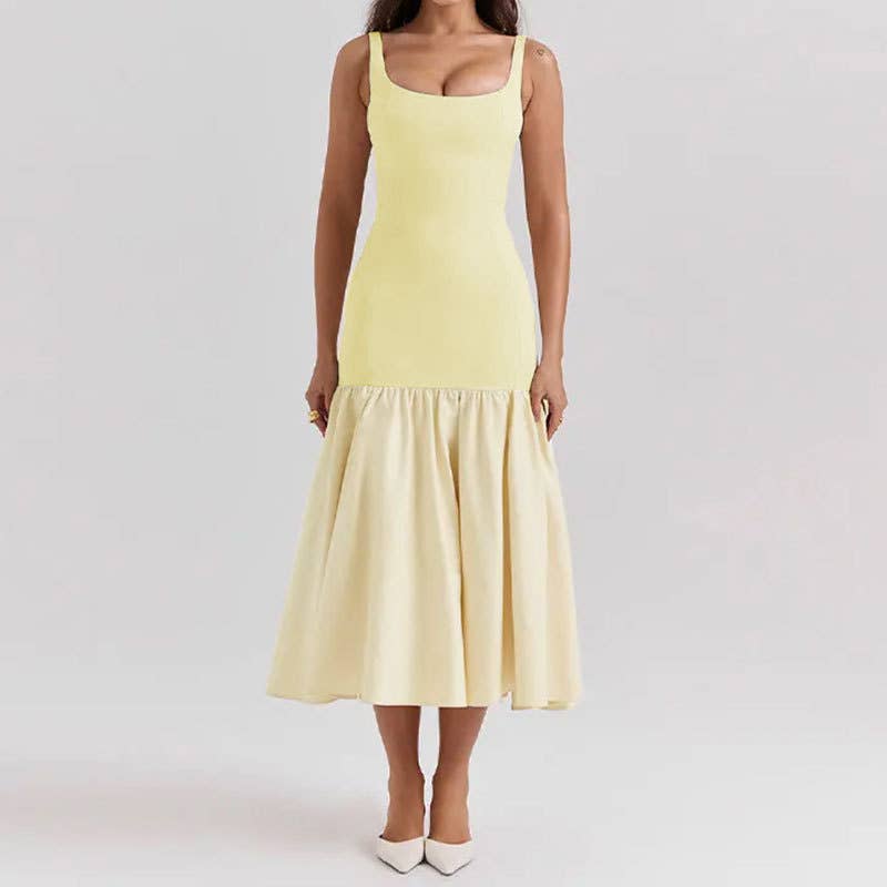 Sexy U-neck backless solid color hip wrap dress