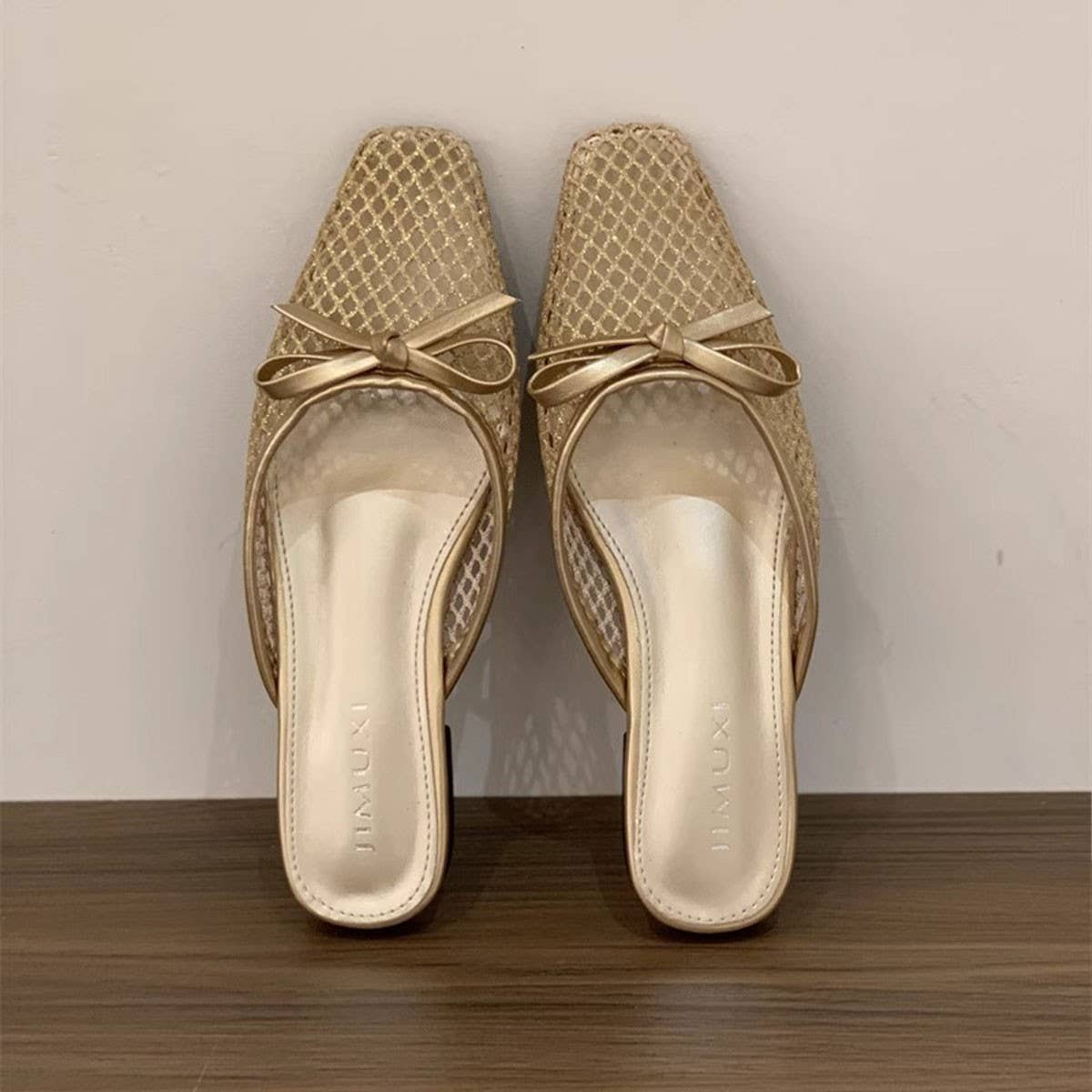 Mesh Bow Knit Mules Flat Ballet Slip-On Shoes
