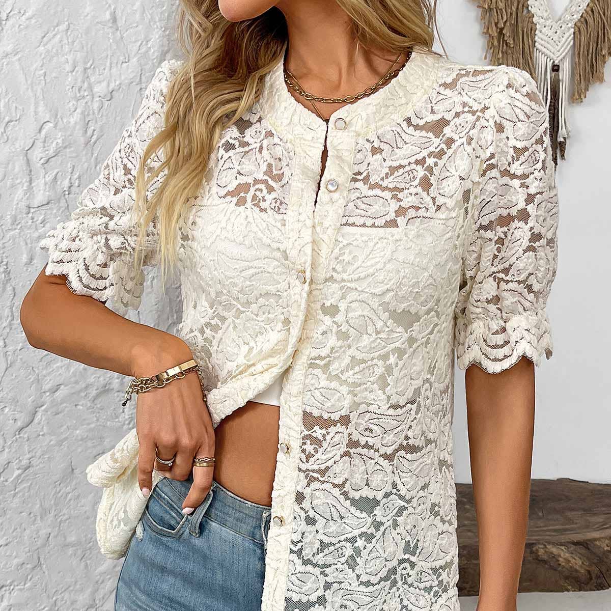 Lace short-sleeve hollow solid color casual shirt