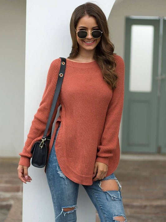 SOLID COLOR CREW NECK PULLOVER WITH HIGH SPLIT