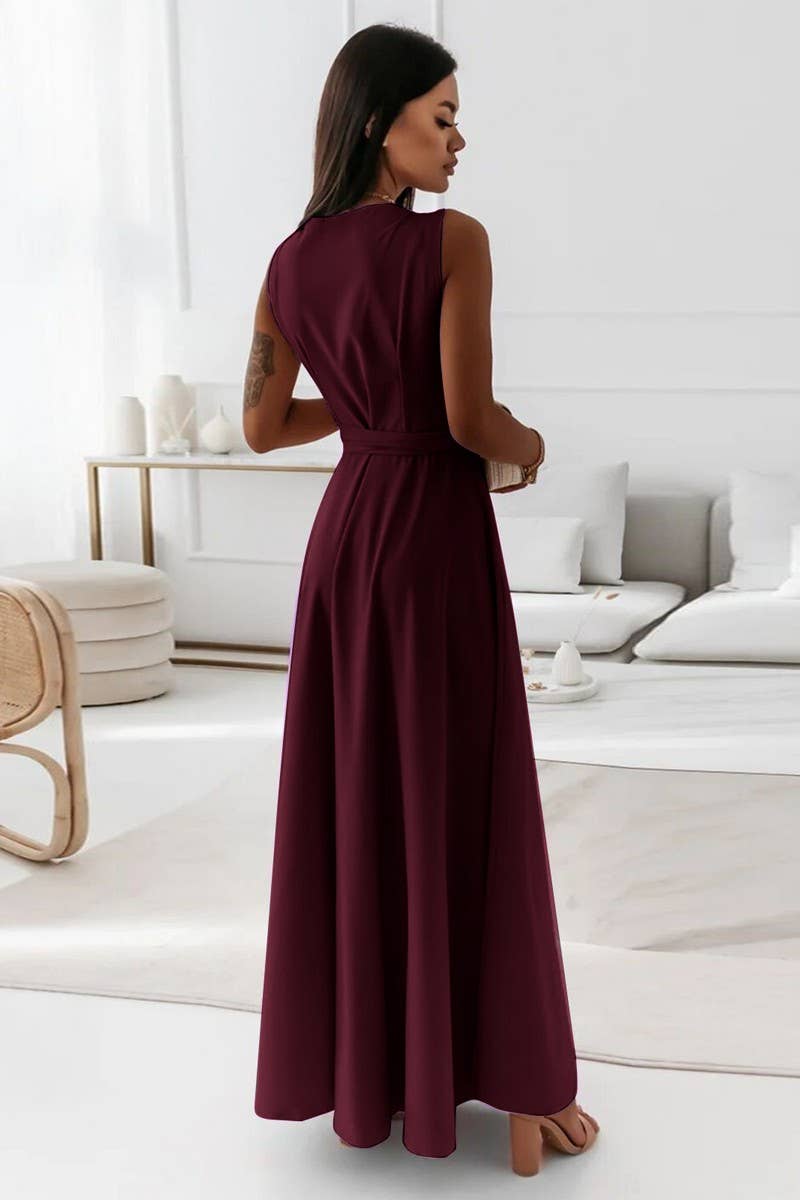 CWDMD6334_TIE WAIST V-NECK EVENING LONG GOWN DRESS