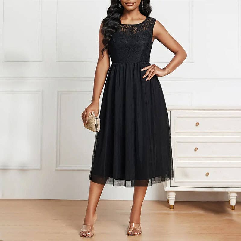 Lace mesh patchwork see-through dress