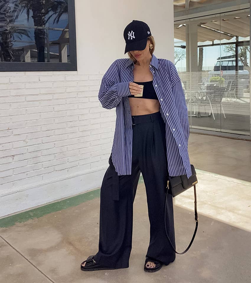 Striped cotton long sleeve loose button-up shirt