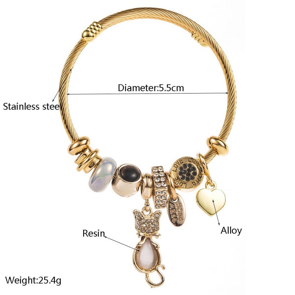 Fashionable Cat & Heart Beaded Steel Bracelet_CWMM8585