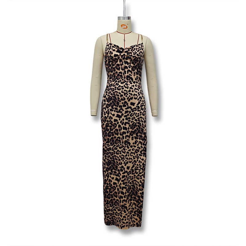 Irregular high-slit fashionable leopard dress