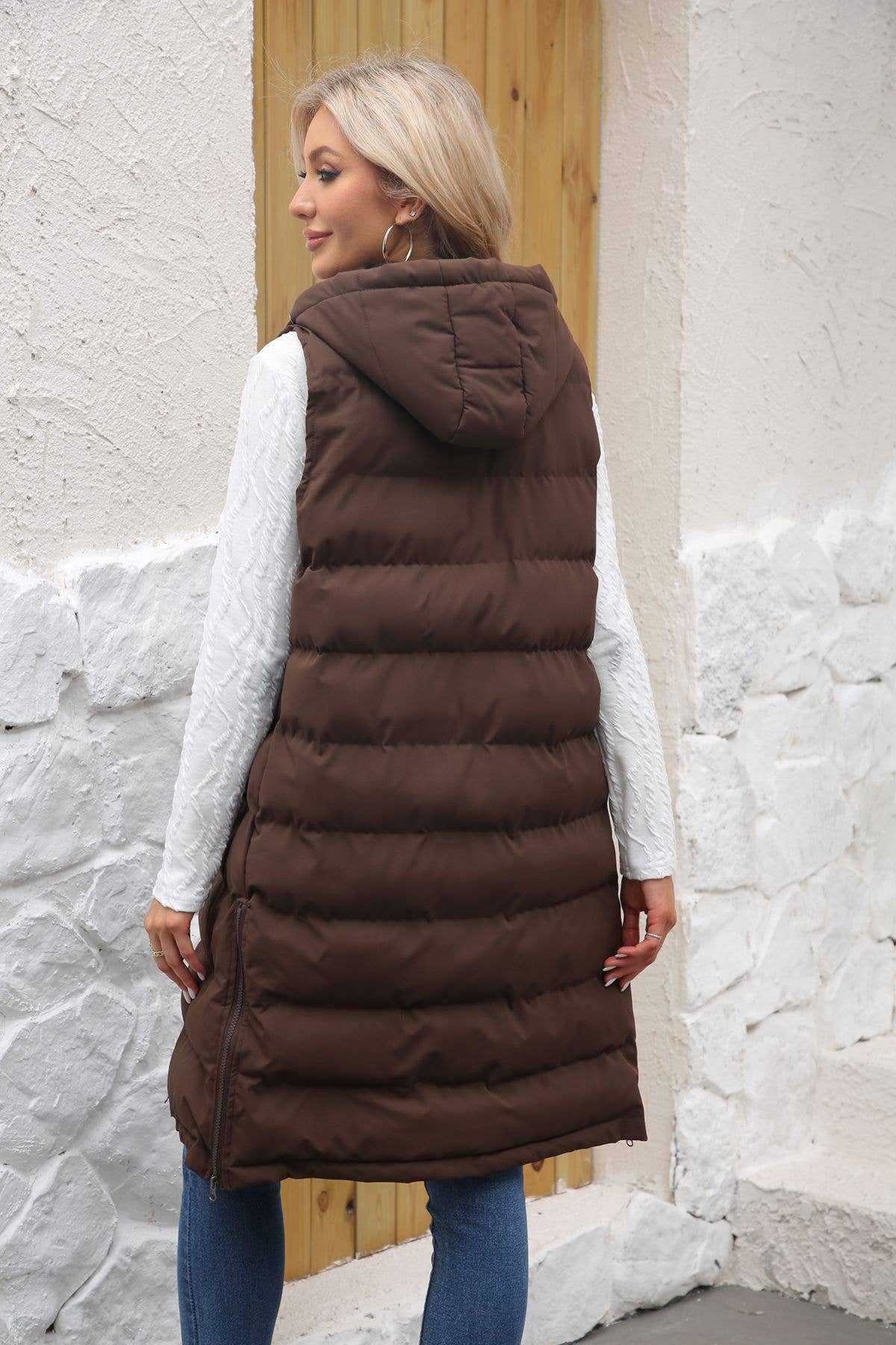 Solid-color hooded sleeveless cotton-padded vest