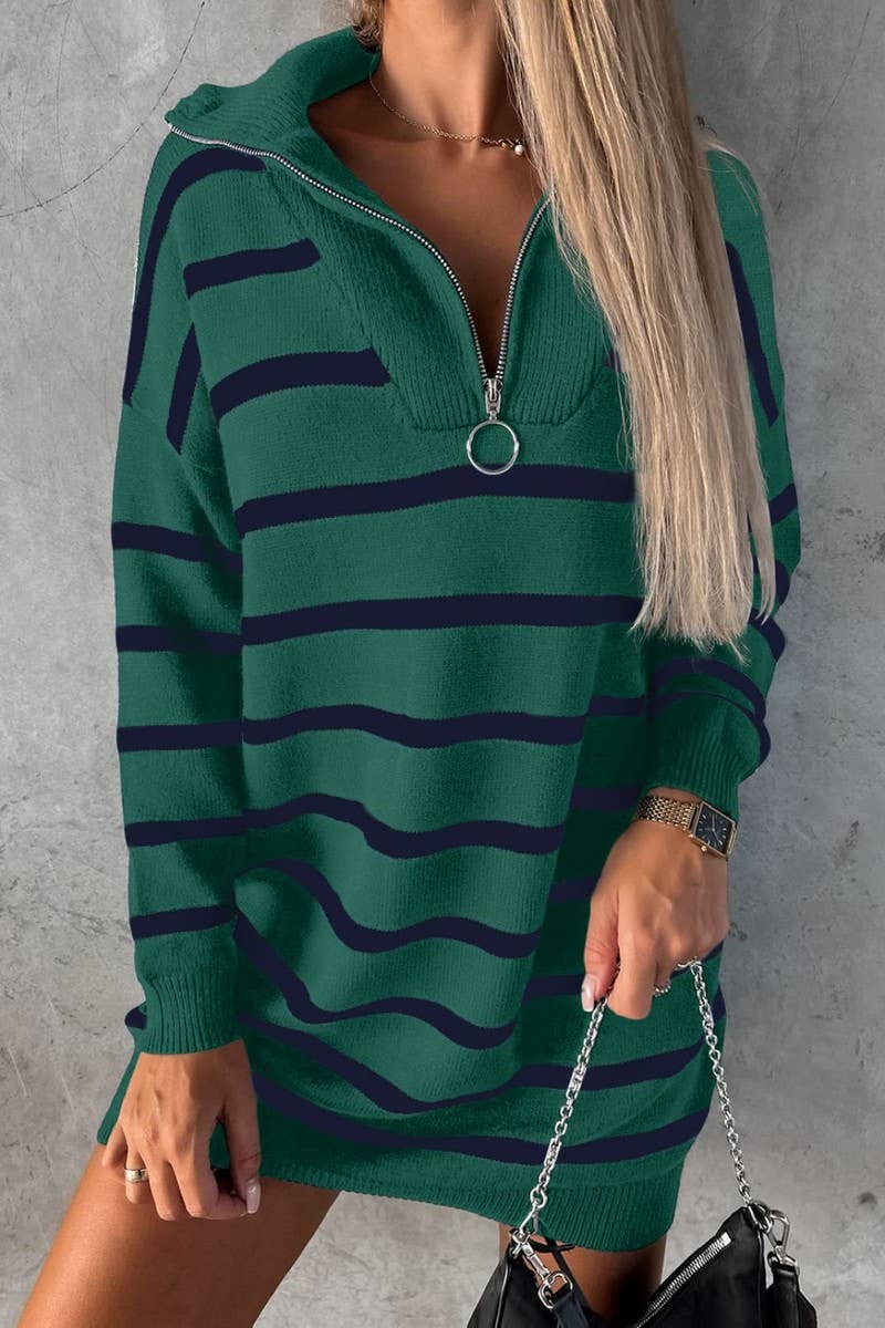 CWDSD7301_NEW V-NECK STRIPED LOOSE CASUAL KNITTED DRESS