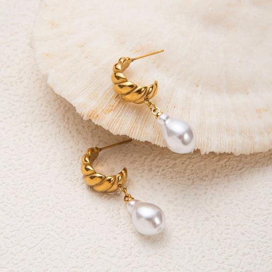 Minimalist Irregular Pearl Earrings 18K Gold Steel