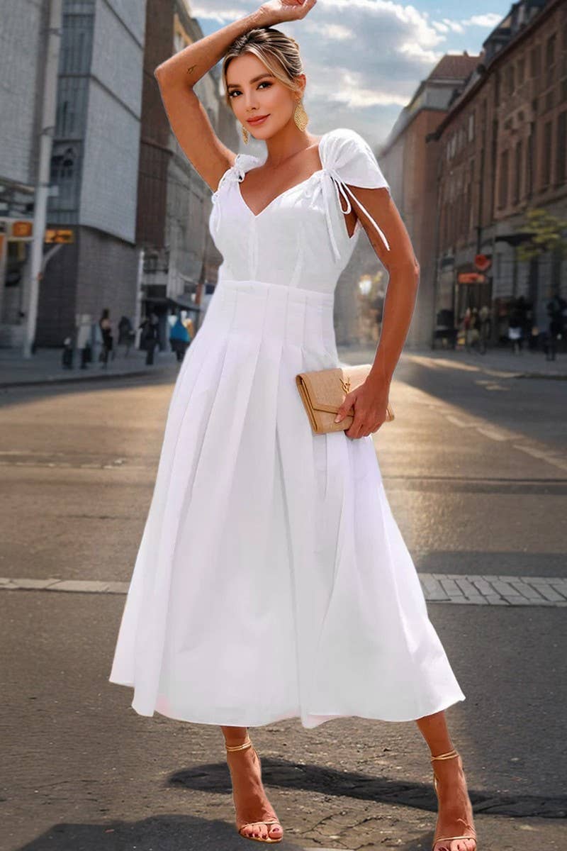 CWDMD6203_ELEGANT V-NECK TIE WAIST A-LINE DRESS