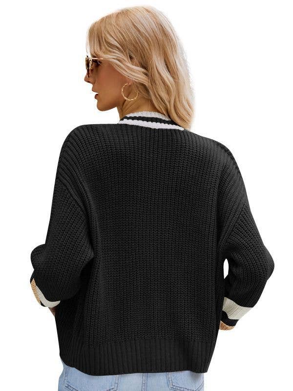 V-NECK LOOSE SWEATER JACKET PREPPY KNIT SWEATER