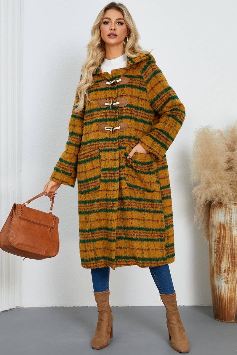 CWOCO0940_HORN BUTTON PLAID HOODED WOOLEN LONG COAT