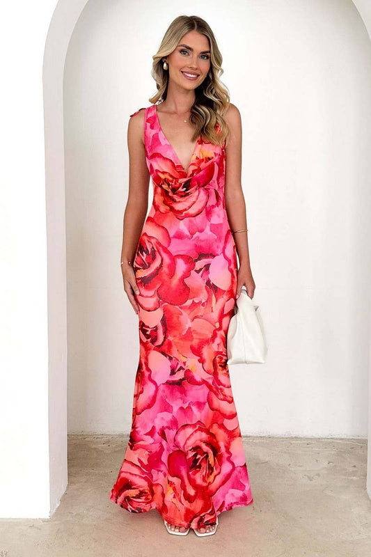 CWDMD5576_SEXY V NECK PRINT TIE STRAP BODYCON DRESS