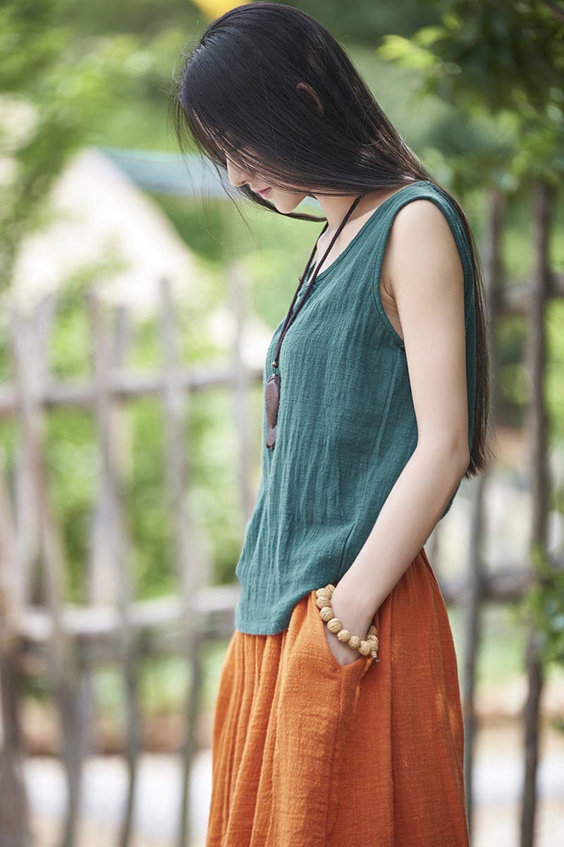 Cwtblsl0565_Loose Cotton And Linen Sleeveless Vest