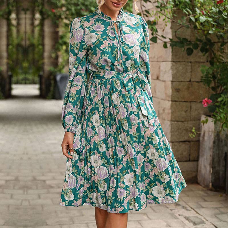 Pleated print long-sleeved vintage dress