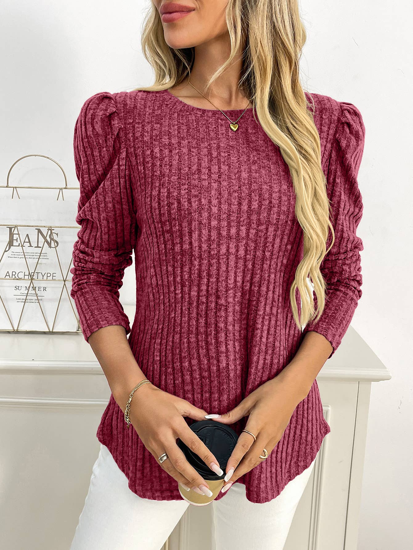 Round-neck puffed-sleeve brushed striped T-shirt