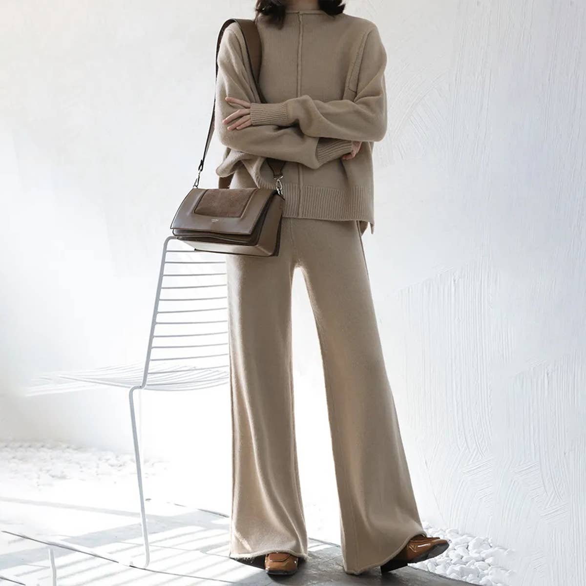 SWEATER WITH SLIT AND WIDE LEG PANTS KNIT SUIT