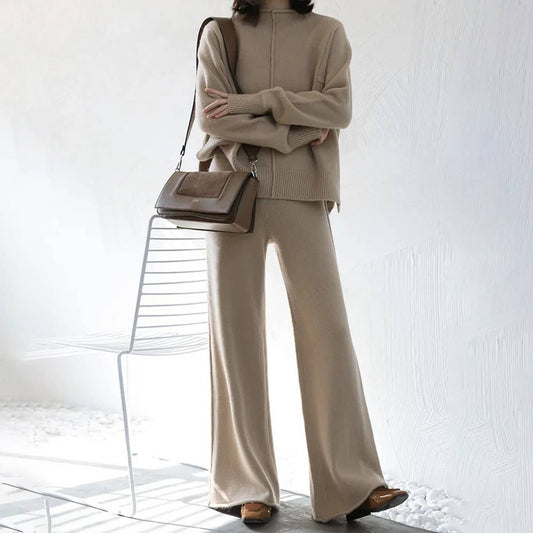SWEATER WITH SLIT AND WIDE LEG PANTS KNIT SUIT