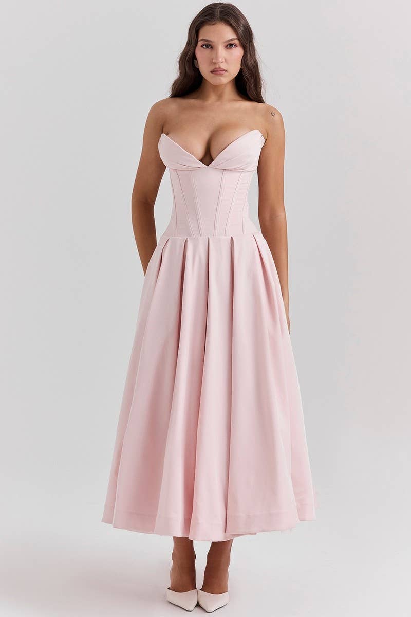 CWDTD0466_SLEEVELESS SOLID COLOR STRAPLESS MIDI DRESS