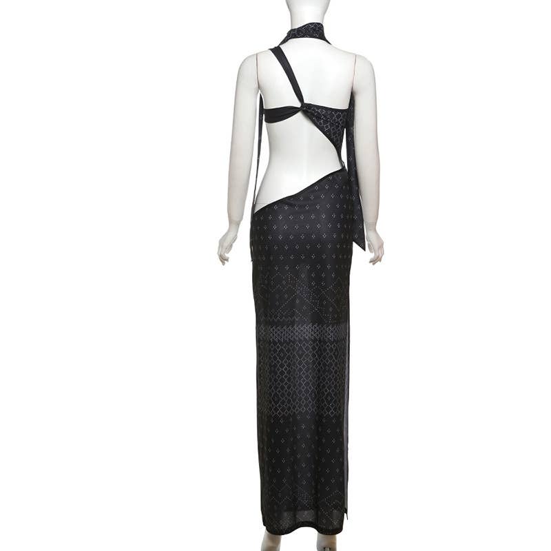 sexy button-neck high-slit hip-hugging dress