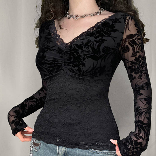 Sexy lace see-through splicing V-neck T-shirt