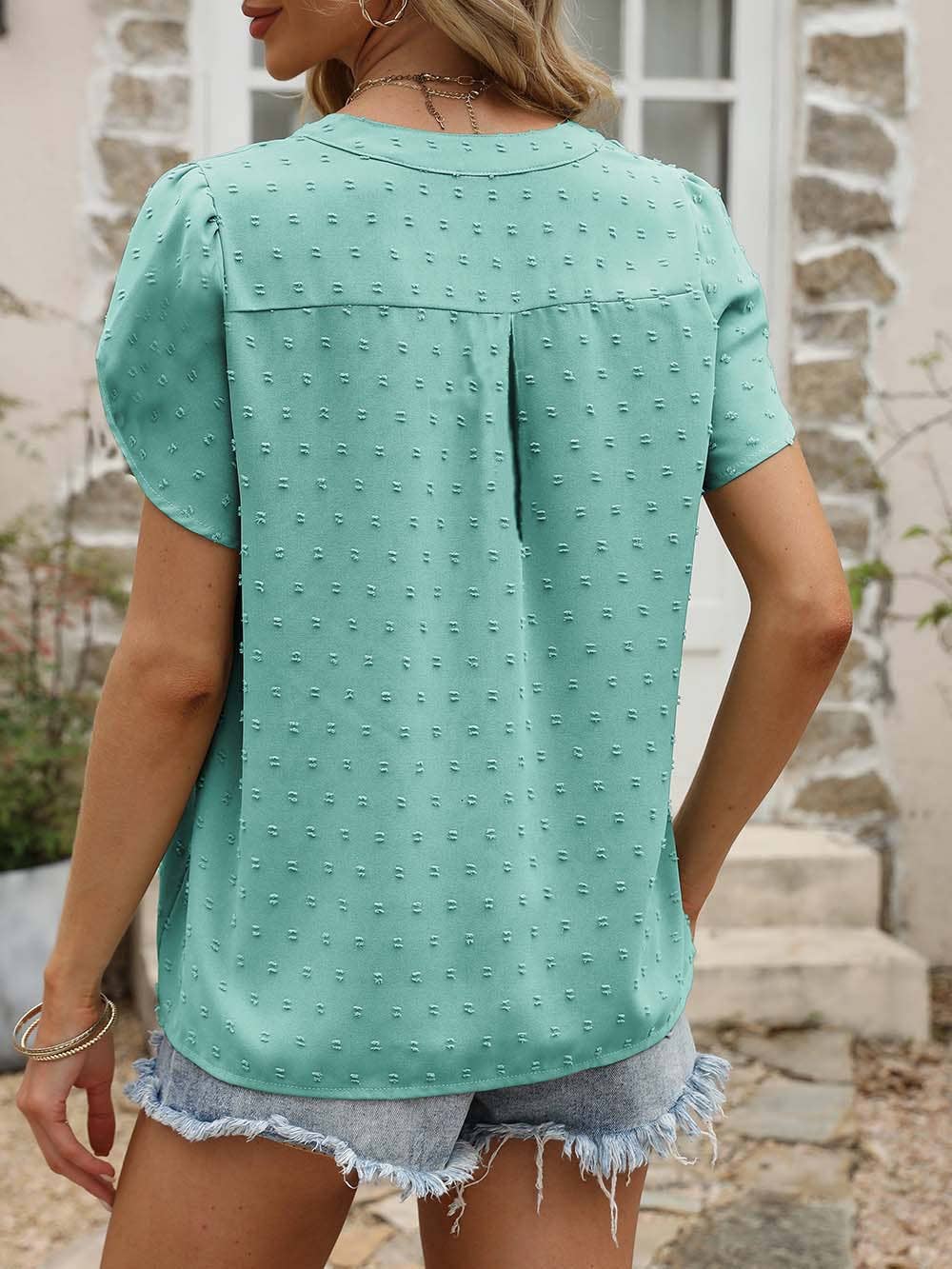 V-NECK JACQUARD SHORT SLEEVE SHIRT BLOUSE