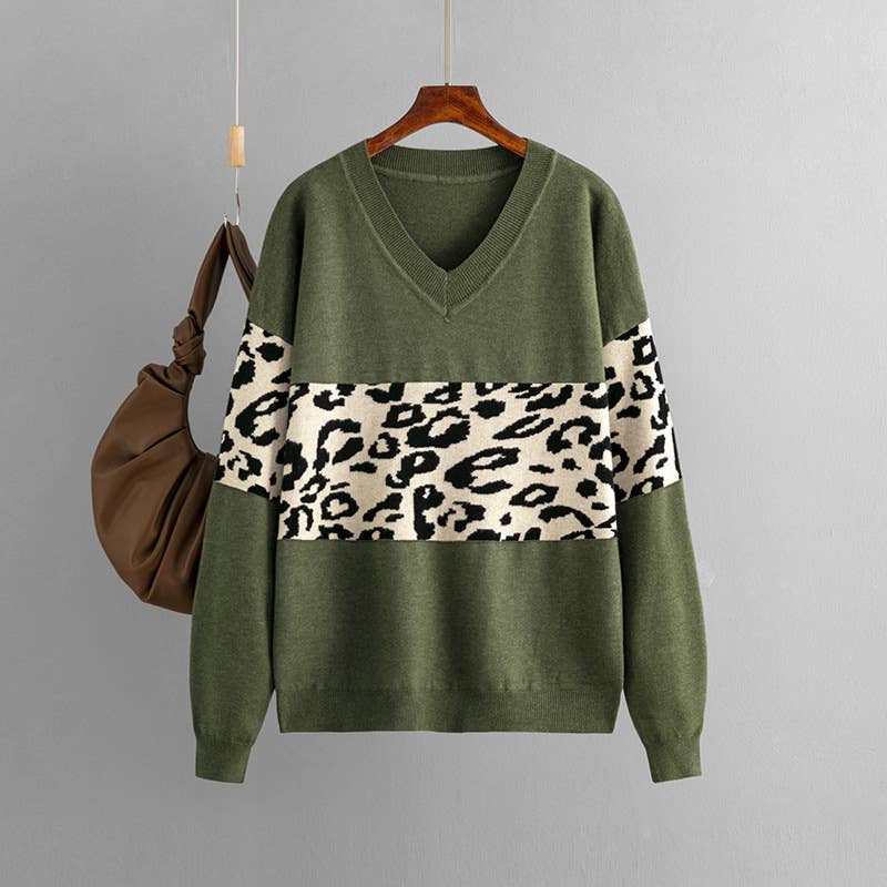 V-NECK LOOSE COLOR LEOPARD-PRINT SWEATER WOMAN