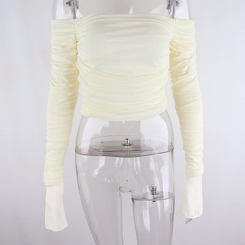 Sexy Off-Shoulder Mesh Bell Sleeve Crop Top