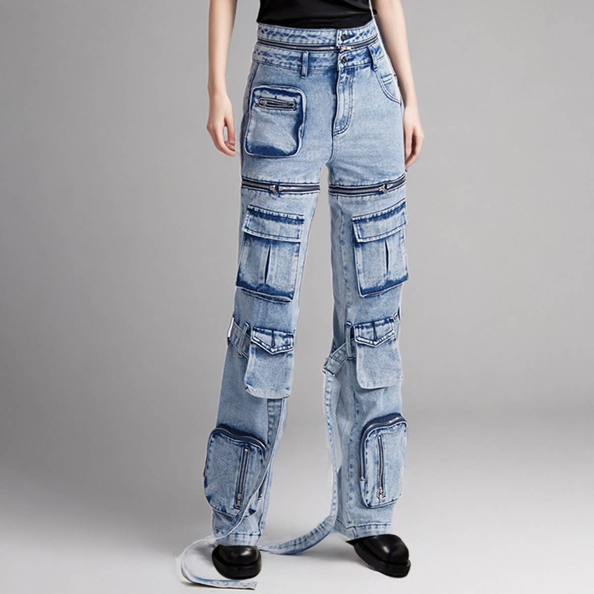 FASHION TRENDY ZIPPER SPLICING MULTI POCKET JEANS_CWJP0195