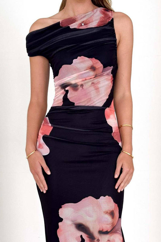 CWDMD5571_LONG SLEEVELESS ONE SHOULDER PRINTED RUCHED DRESS