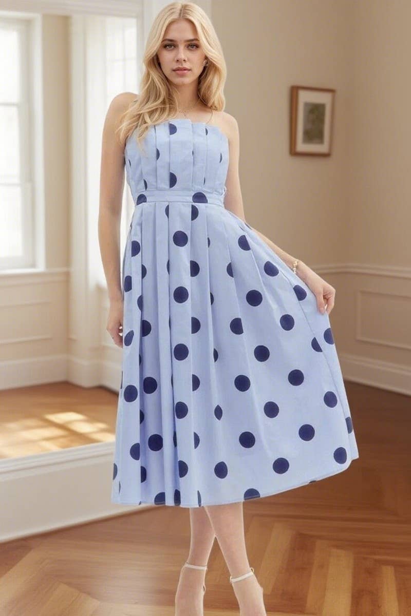 CWDTD0488_POLKA DOT SLEEVELESS TUBE TOP SLIM FIT MIDI DRESS