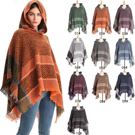 WOMEN HERRINGBONE PATTERN HOODED SHAWL