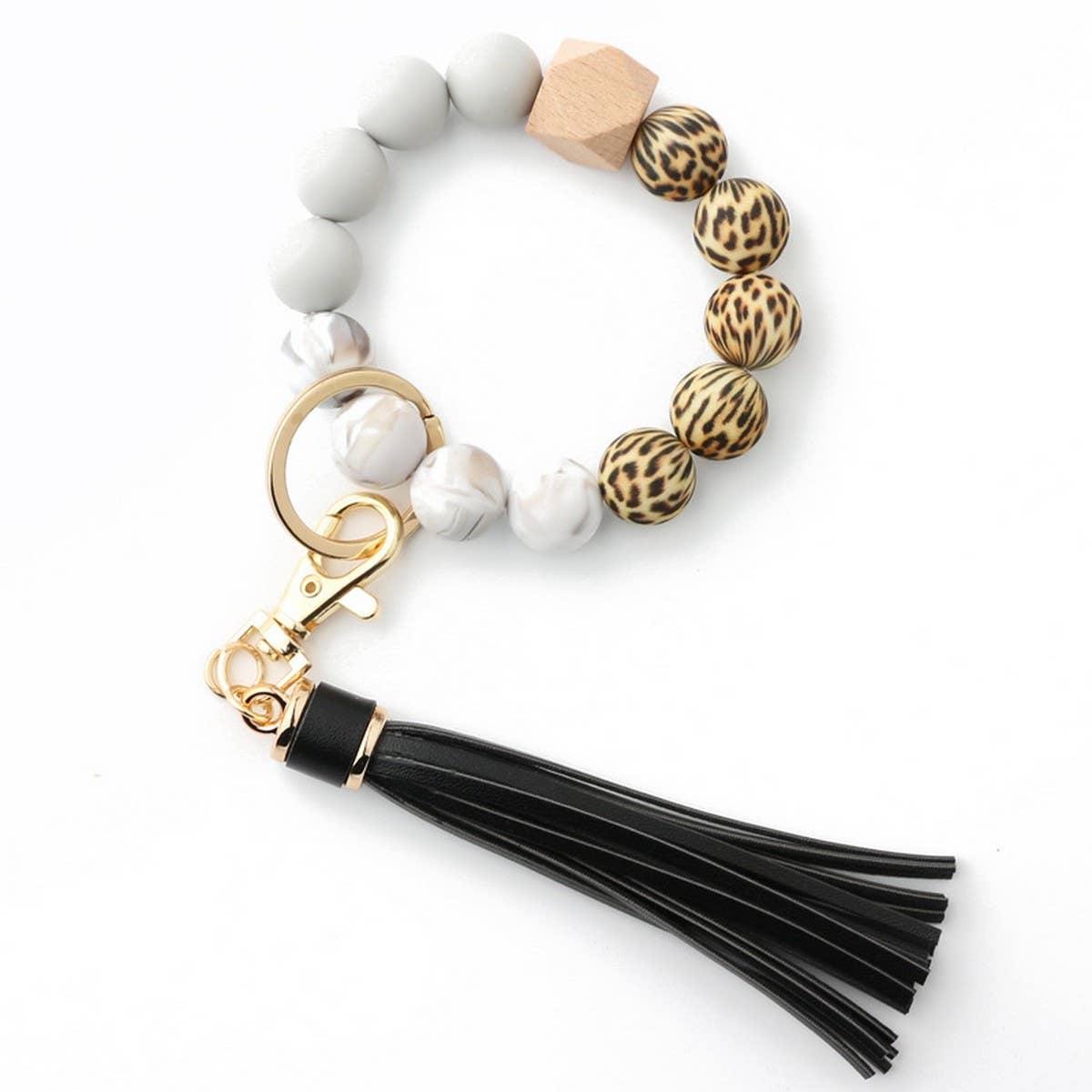 Tassel Wood & Silicone Bead Bracelet Keychain
