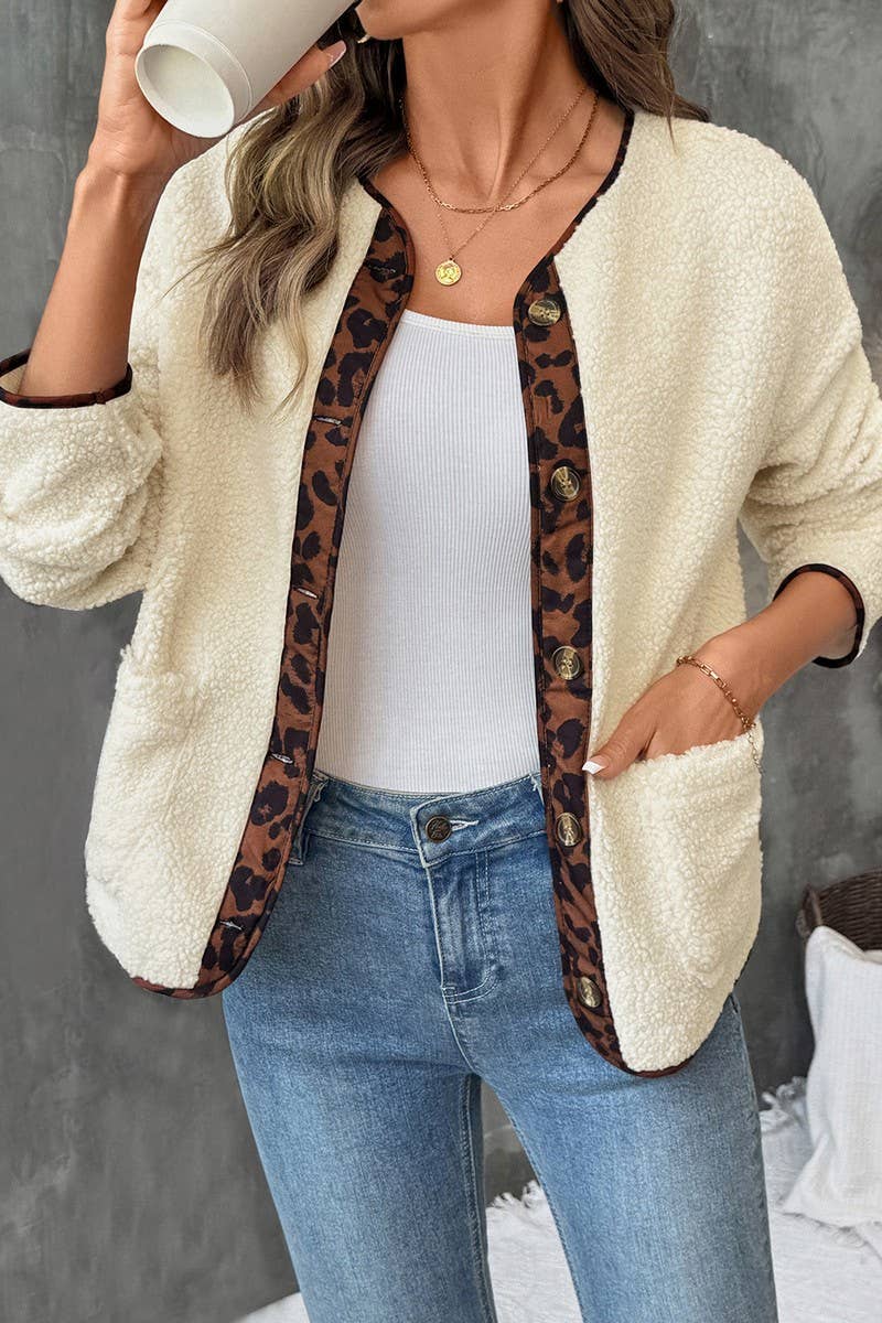 CWOCO00175_CASUAL LEOPARD PRINT CONTRAST CREW NECK JACKET