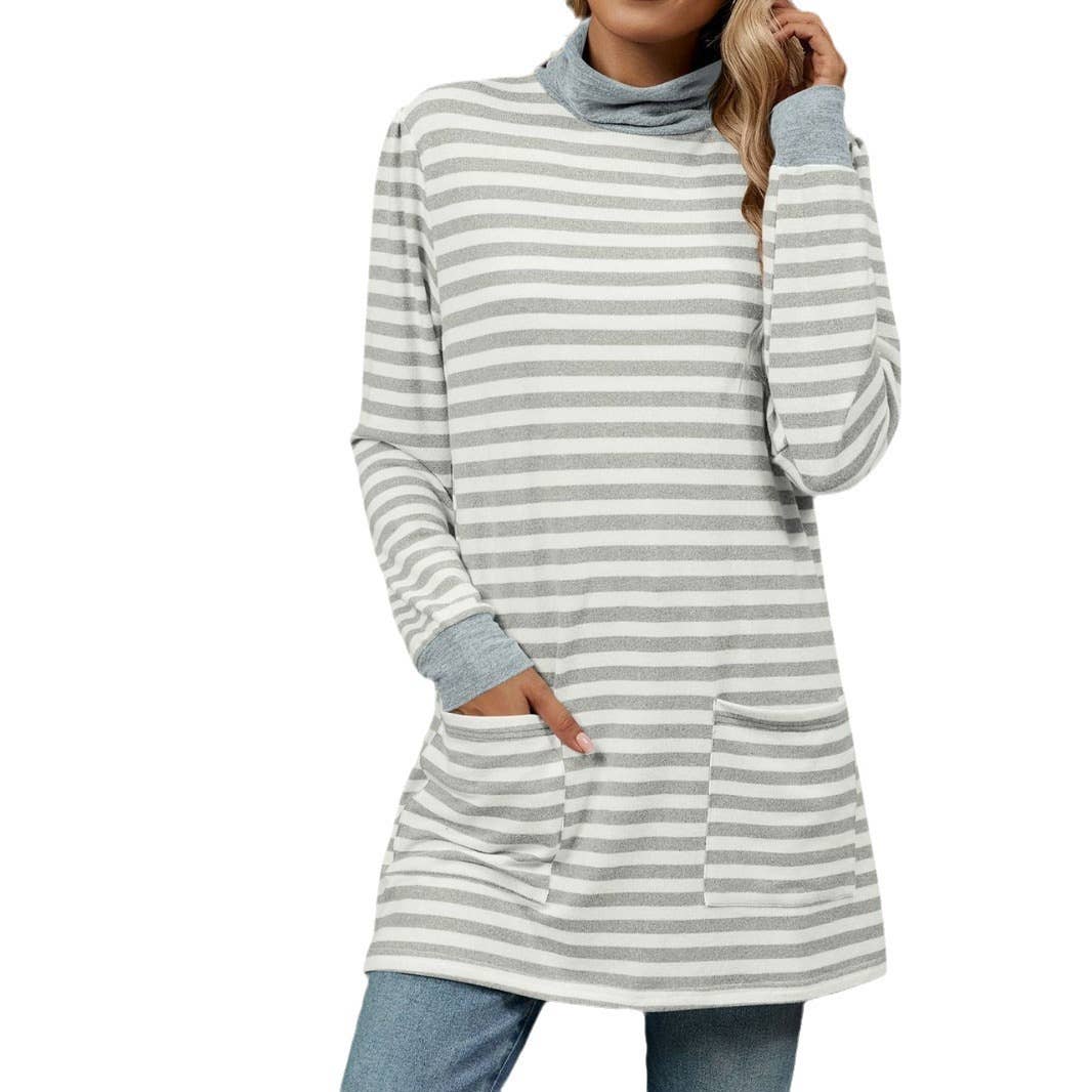 STRIPED BAGGY POCKET HIGH-NECK LONG-SLEEVED SHIRT