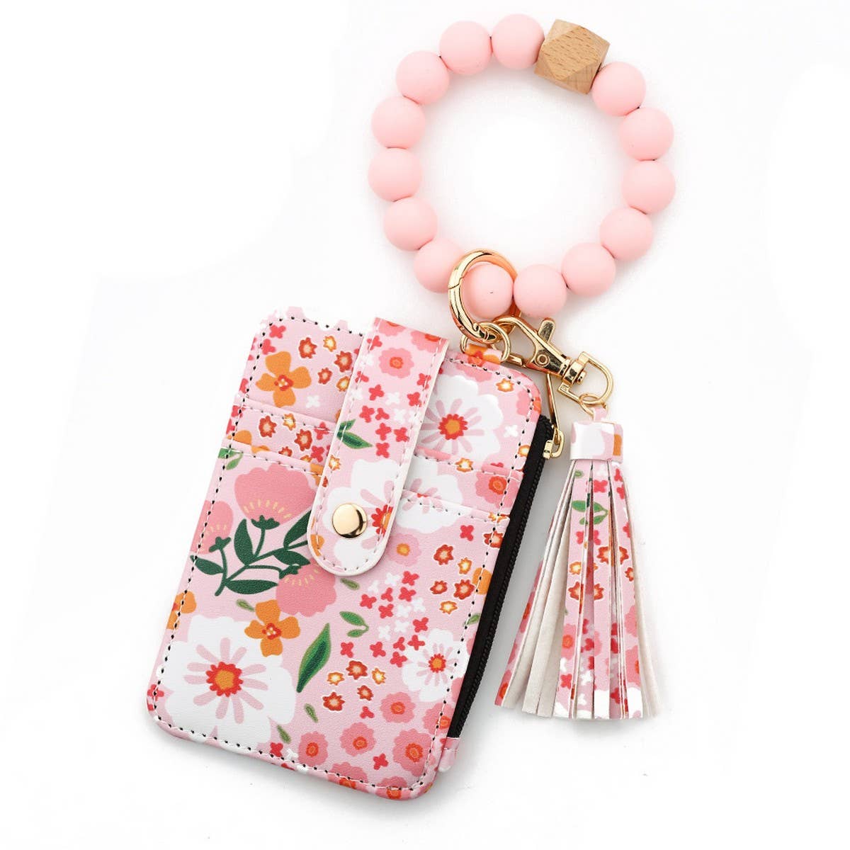 Printed Leather Card Holder with Beaded Bracelet_CWAB4932