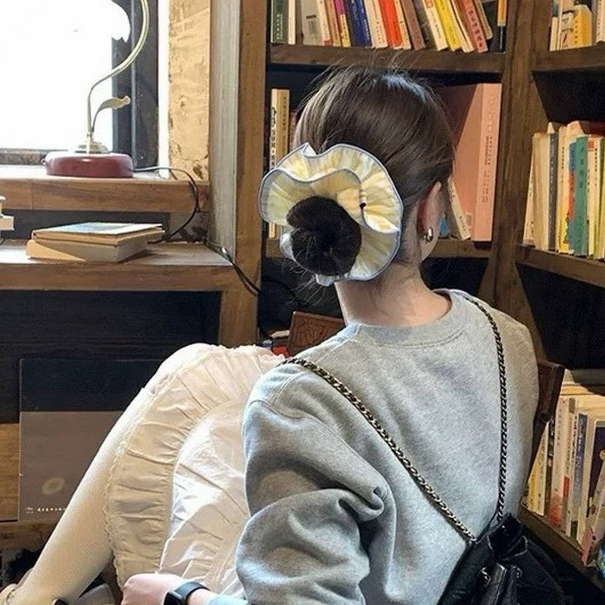 Yellow Stripe Oversized Scrunchie Hair Tie_CWAHA5505