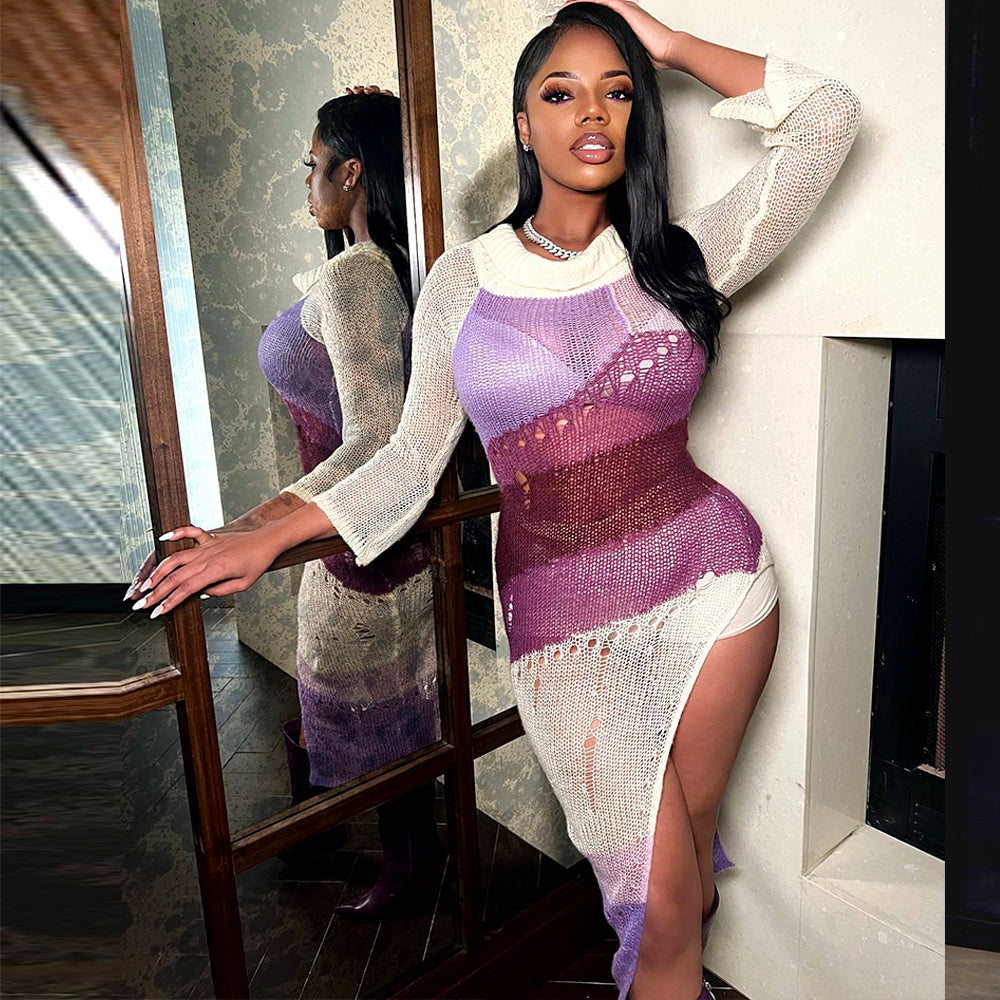 Long Sleeve Multi Printed Knitted Casual Midi Dress