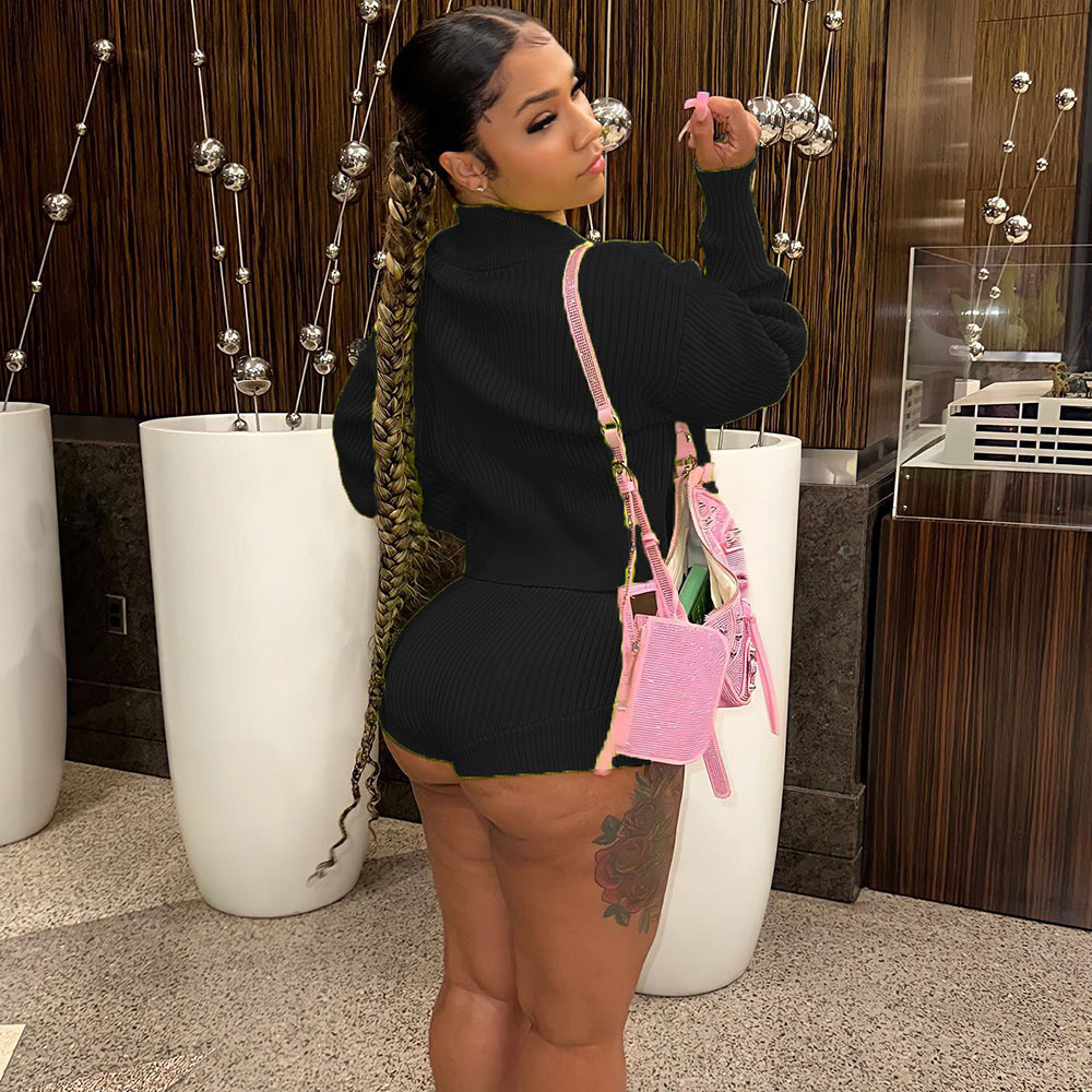 Hand Hook Lapel Cardigan Drawstring Shorts Suit