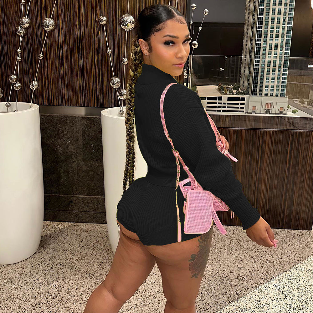 Hand Hook Lapel Cardigan Drawstring Shorts Suit