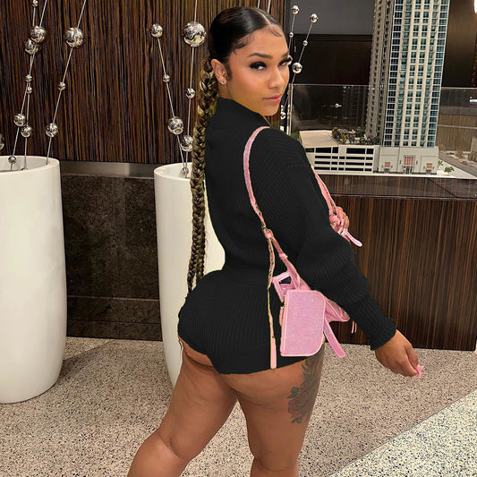 Hand Hook Lapel Cardigan Drawstring Shorts Suit